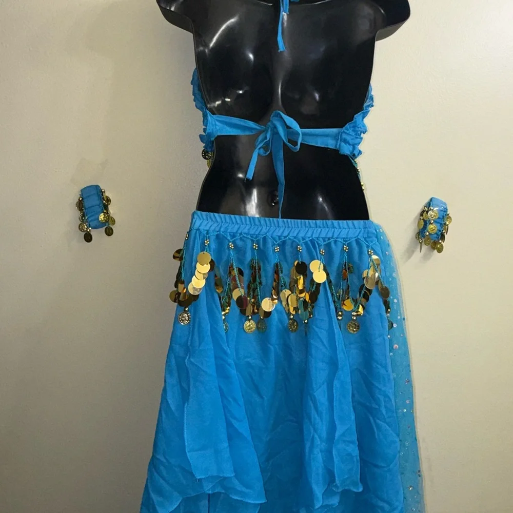 Girls Belly‎ Dance Costume Youth 10-12 Turquoise Coin Bra Skirt Set Cabaret